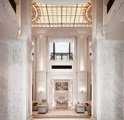 Luxusvilla im modernen Stil aus dem Mittleren Osten, beige Amber und weißer Marmor, Waschbecken Innenarchitektur