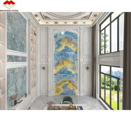 Natürliche durchsichtige blaue Onyx-Steinplatte für Fernsehgeräte Hintergrundwandplatte in goldenem Blau