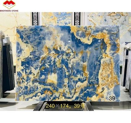 Blau-goldene Onyx-Steinplatten Natürlicher durchsichtiger Marmor für Fernseh-Hintergrund Wandplatten