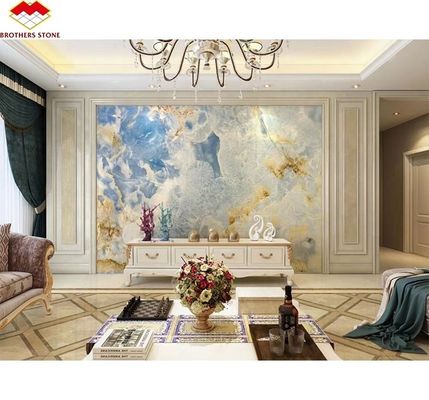 Blau-goldene Onyx-Steinplatten Natürlicher durchsichtiger Marmor für Fernseh-Hintergrund Wandplatten