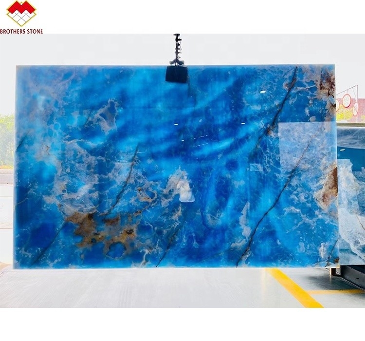 Blau-Gold-Venen Onyx-Marmor-Slab Durchsichtiges Naturstein-Panel für Innendekoration